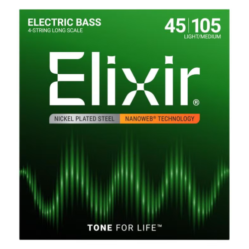 Elixir Strings 14077 Nanoweb Electric Bass Guitar Strings - .045-.105 Light/Medium, Long Scale