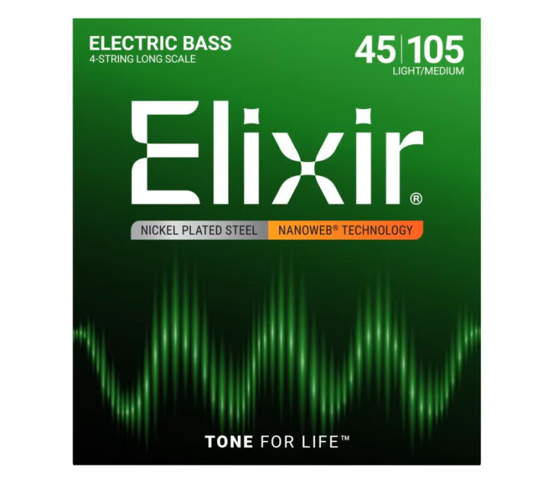 Elixir Strings 14077 Nanoweb Electric Bass Guitar Strings - .045-.105 Light/Medium, Long Scale
