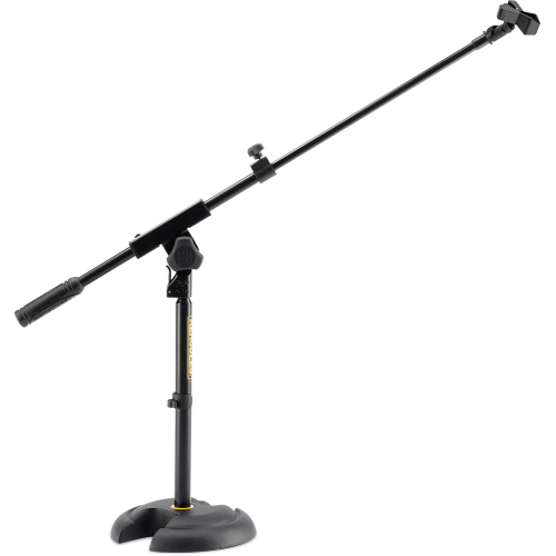 The HERCULES MS120B LOW PROFILE "H" BASE MIC STAND W/BOOM & MIC CLIP