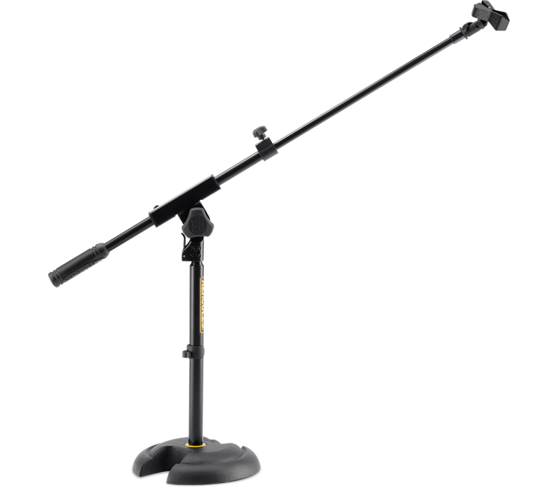 The HERCULES MS120B LOW PROFILE "H" BASE MIC STAND W/BOOM & MIC CLIP